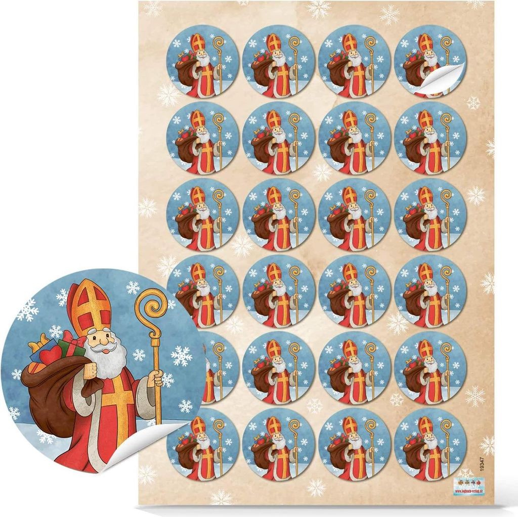 96 selbstklebende Aufkleber Heiliger Nikolaus rund Ø 4 cm in Blau, Rot und Gold