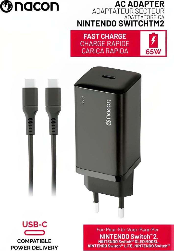 Nacon Ladegerät für Nintendo Switch 2 Switch / Lite / OLED AC-Adapter Ladekabel schwarz NA028201