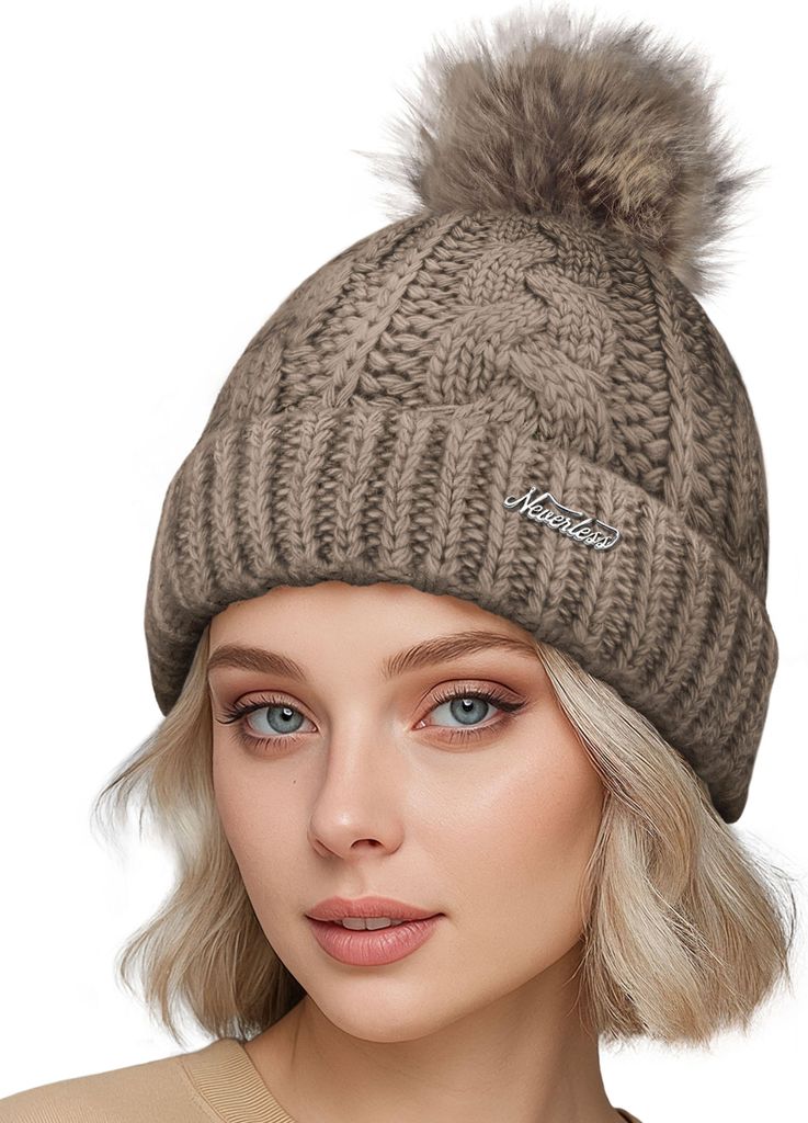 Damen Wintermütze mit Fleece Gefüttert Warm & Winddicht Strickmütze Bommelmütze Model 1980 Neverless