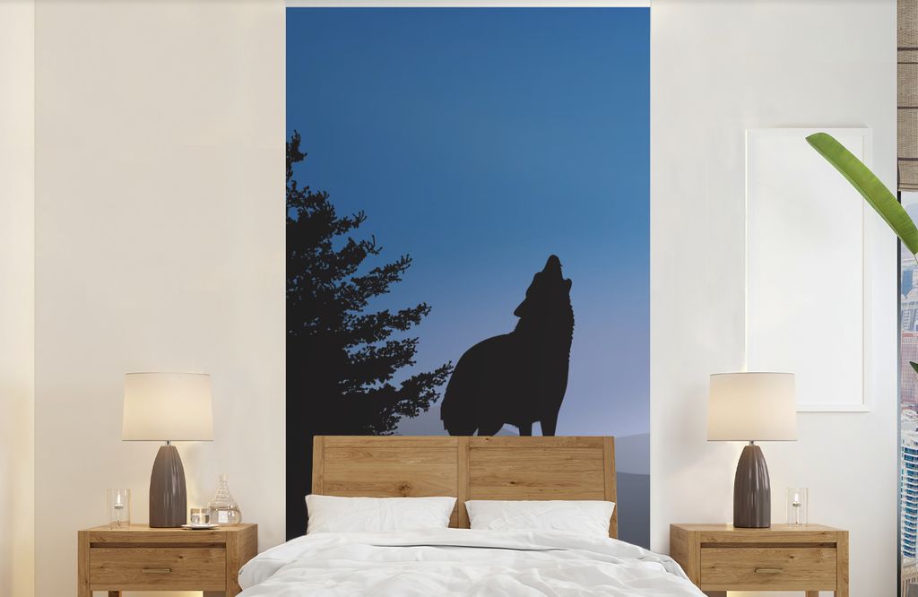 MuchoWow Fototapete für Wohnzimmer oder Schlafzimmer Wandtapete Vinyl Motivtapete Wolf - Bäume - Scherenschnitt - 120x240 cm - Hintergrundbild