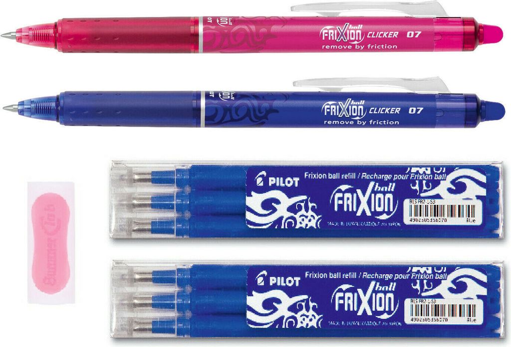Pilot Frixion Clicker blau und pink + 6 Ersatzminen blau + gratis Radierer pink