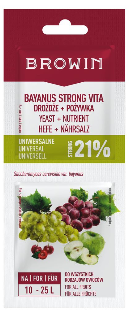 Packaging for Browin Bayanus Strong Vita yeast, featuring text and images of fruit.