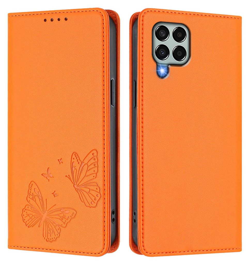Lederhülle für Samsung Galaxy M33 5G, Schmetterling Prägung Leder Brieftasche Schutzhülle mit Ständer Orange
