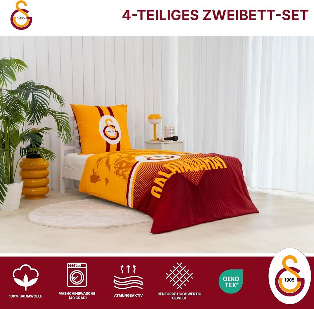 TAÇ Galatasaray Bettwäsche-Set 2-teilig 135x200 + 80x80 - 100% Baumwolle Doppelseitig
