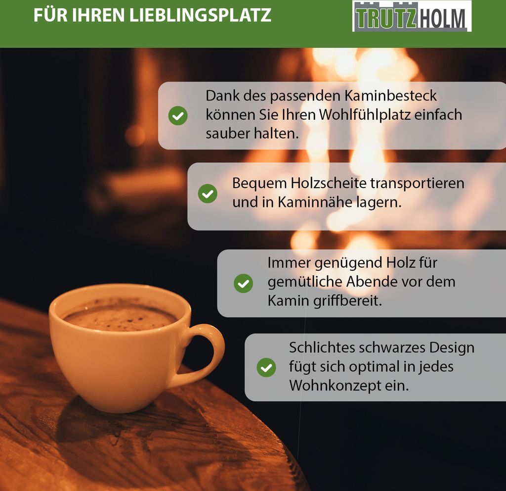 Kaminholzwagen mit Kaminbesteck 3-teilig Schaufel, Besen, Produktbild 5