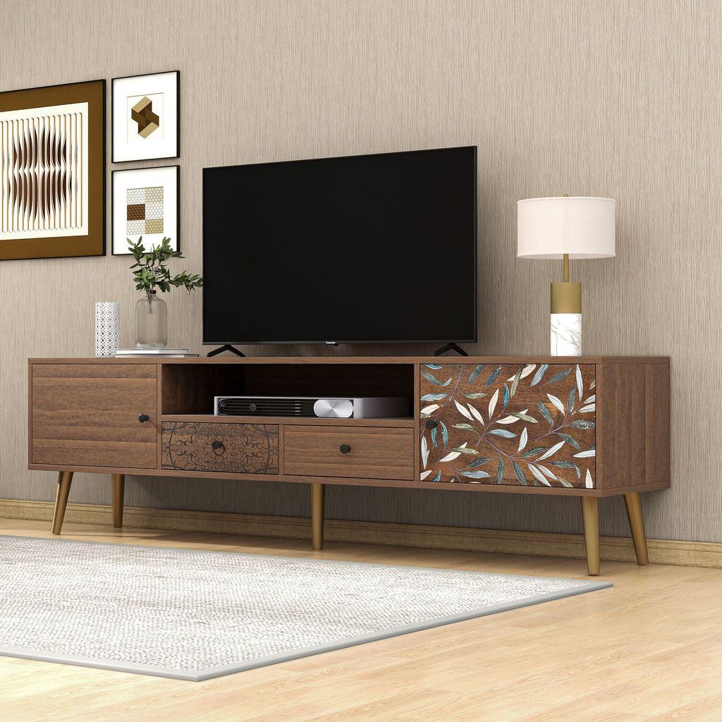 TV-Schrank Vintage Lowboard mit Aufdruck180x38x50.5cm 2 Türen Landhaus-Design, Goldene Füße, 2 Schubladen, Ablagefach
