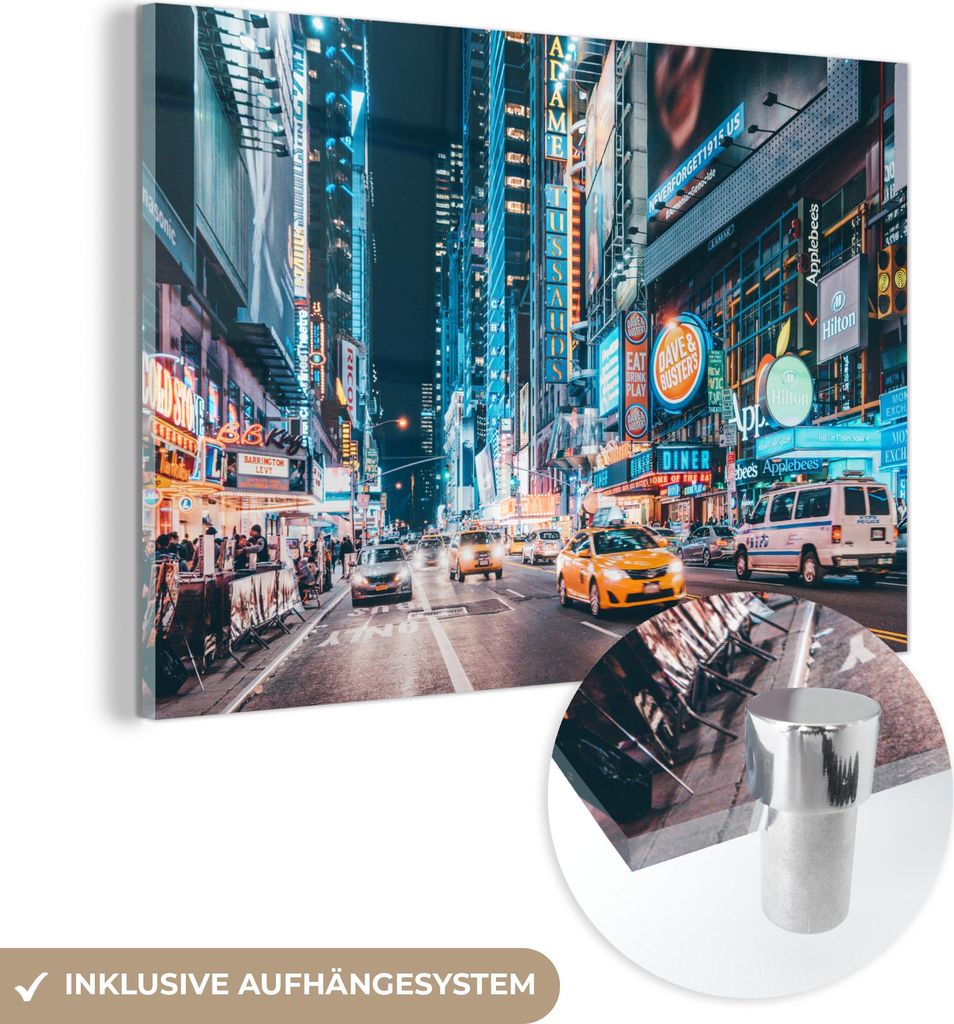 MuchoWow Glasbilder - Bilder auf Wandbild - Foto auf Glas New York - Taxi - Times Square 120x80 cm Wanddekoration aus Glas - Acrylglasbild - Acrylb...
