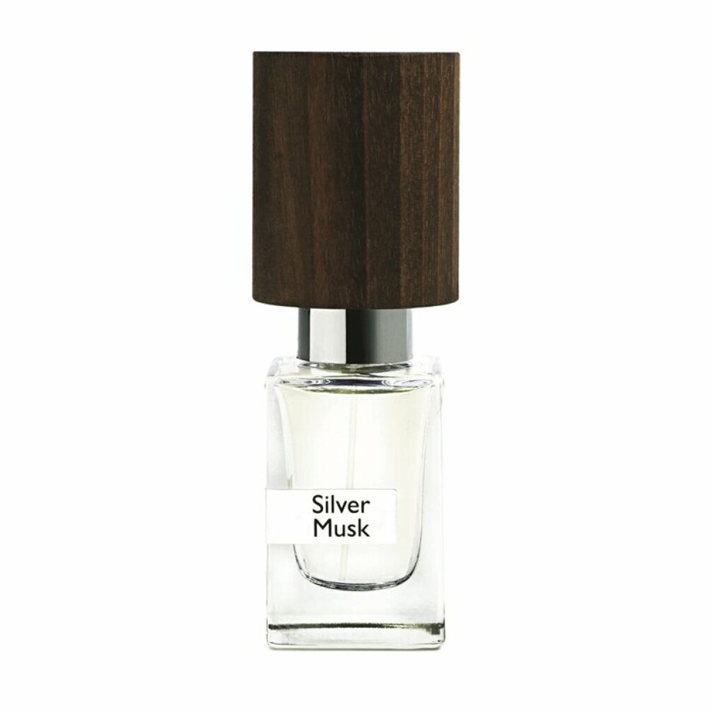 A product shot of a perfume bottle with a wooden cap.