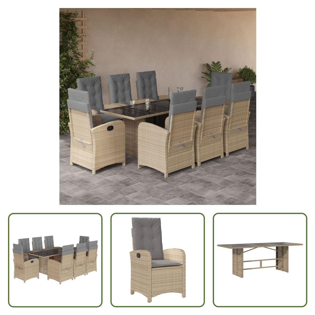 The Living Store 9-tlg. Garten-Essgruppe mit Kissen Beigemischung Poly Rattan