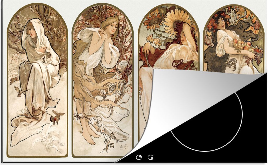 KitchenYeah Herdabdeckplatte Frau - Jugendstil - Pastell , 89x51cm, Küche Deko, Glaskeramikkochfeld Herdabdeckung, Abdeckplatte fùr Kochfeld