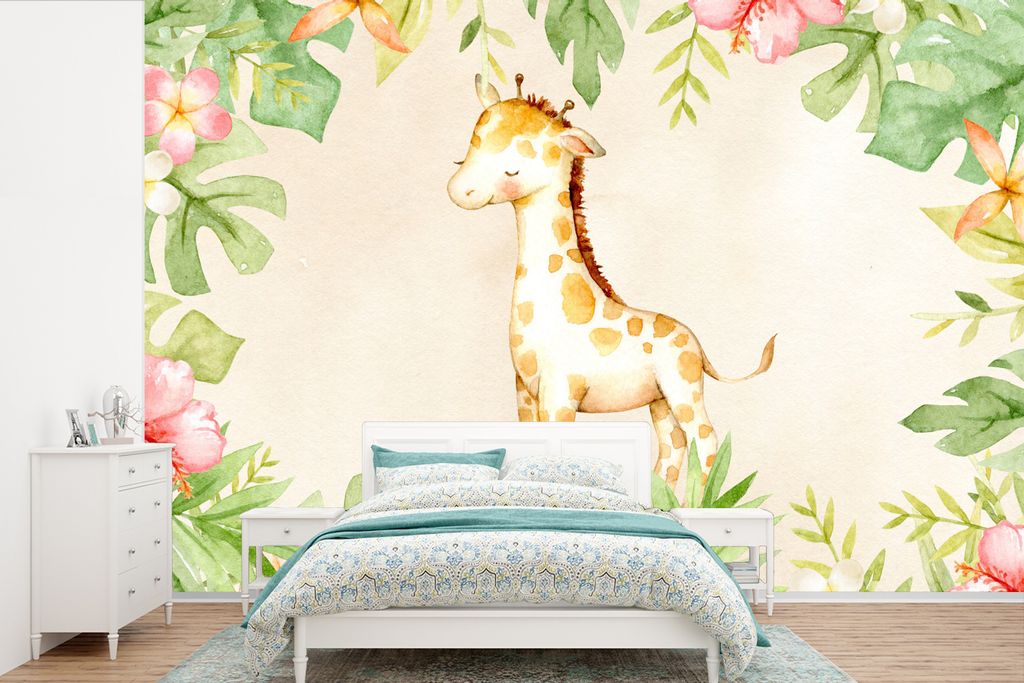 MuchoWow Fototapete für Wohnzimmer oder Schlafzimmer Wandtapete Vinyl Motivtapete Giraffe - Aquarellfarbe - Blumen - Dschungel - 360x240 cm - Vi...