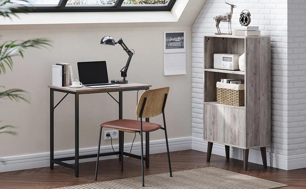 Kompakter Schreibtisch - Computertisch - Rechteckig - Metallgestell - Für Homeoffice und Studium - Einfache Montage - Graubeige marmoriert/Schwarz