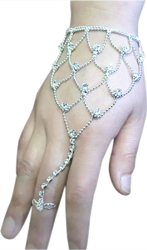 Frauen Strass Schmuck Hand Harness Armband Finger Ring Manschette Braut Hochzeit