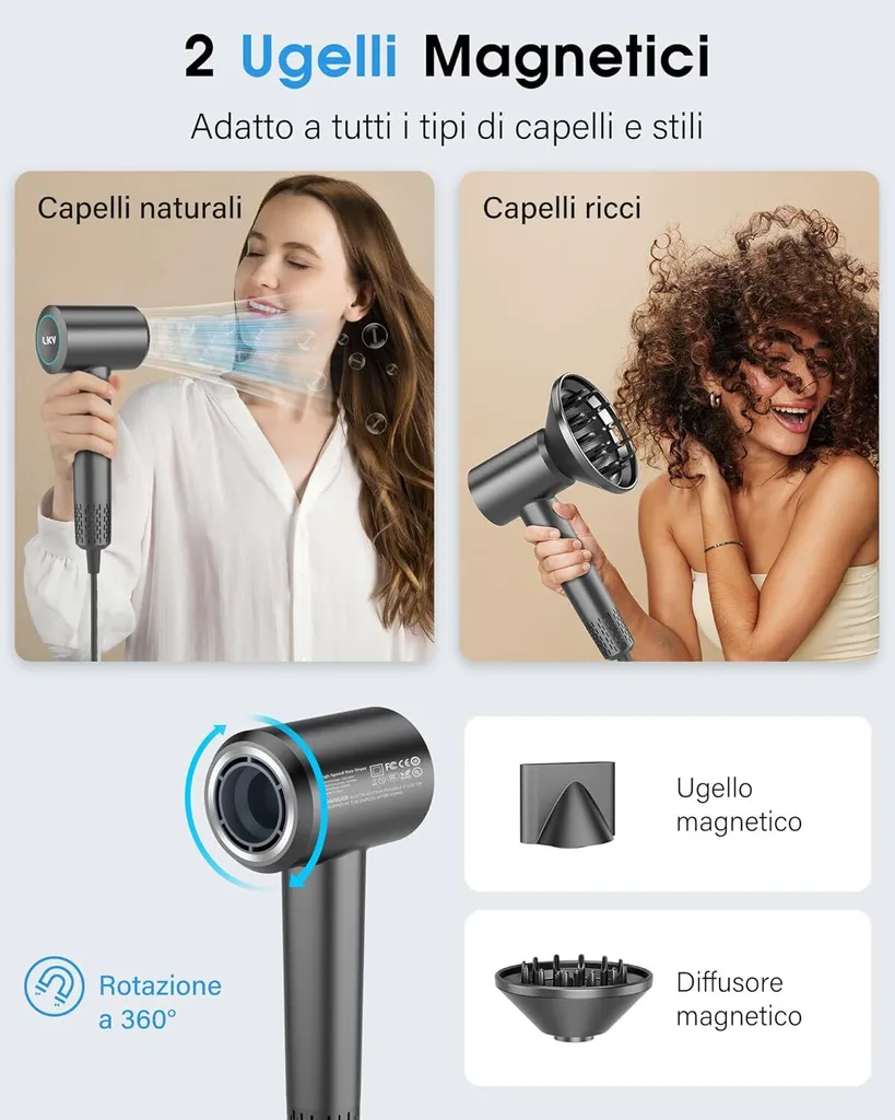 Asciugatura rapida e bassa rumorosità, 1500W Asciugacapelli professionale agli ioni con pulsante caldo e freddo, 3 impostazioni di calore, 2 velocità del vento, 3 impostazioni di calore e 2 velocità del vento - 4