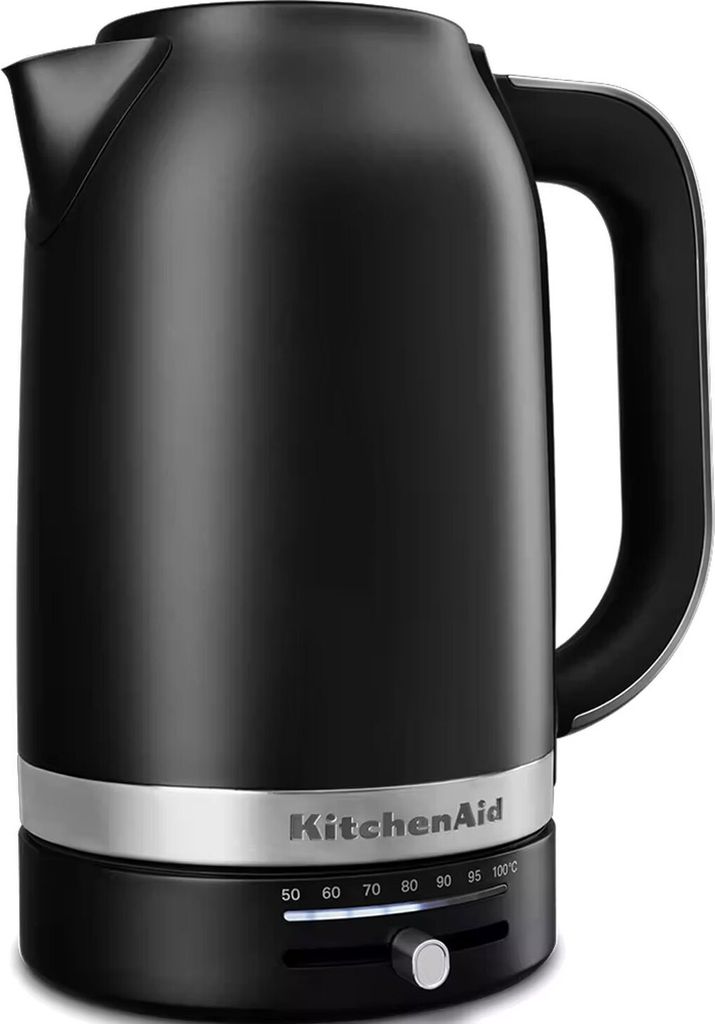 A black KitchenAid electric kettle with a silver band around the base, showing temperature settings.