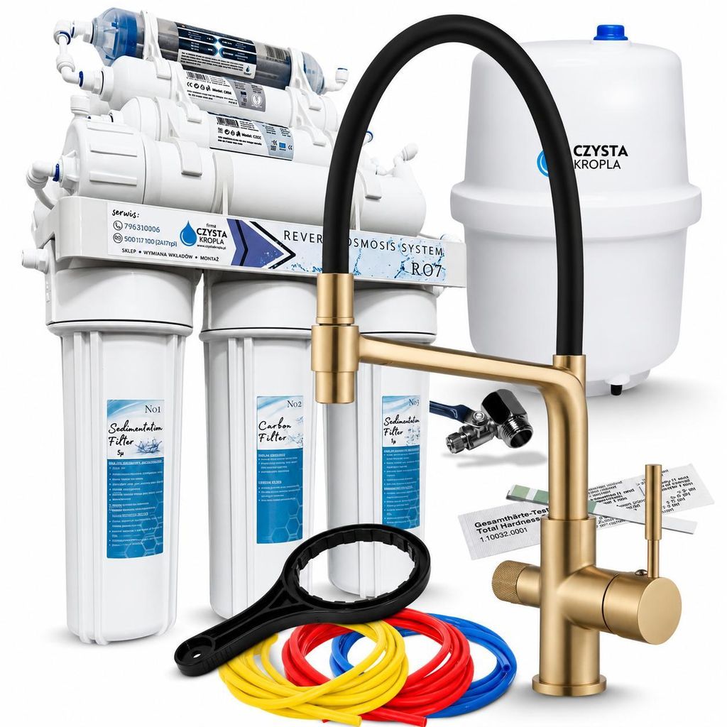 3-Wege-Küchenarmatur Flexible mit RO7 Umkehrosmose Wasserfiltersystem, 7-stufige Filtration, 75 GPD Membran, herausziehbare Brause, zwei Strahlarten