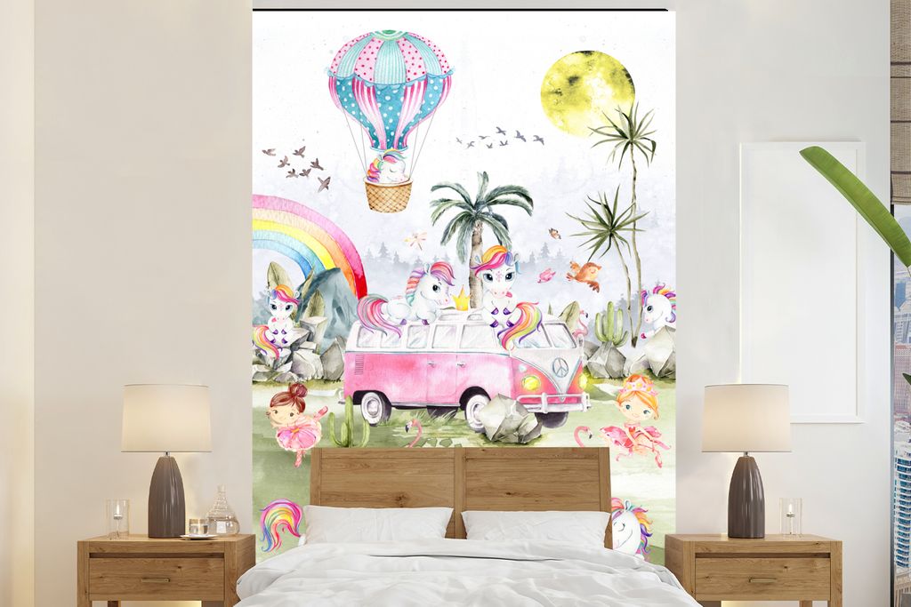 MuchoWow Fototapete für Wohnzimmer oder Schlafzimmer Wandtapete Vinyl Motivtapete Einhorn - Regenbogen - Kinder - Mädchen - Auto - 195x300 cm -...