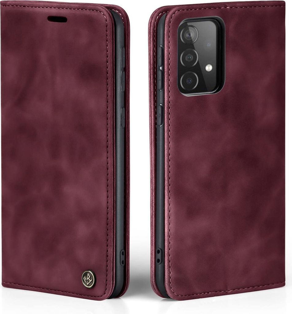 A burgundy flip case for a Samsung Galaxy A53 5G phone, shown from two angles.