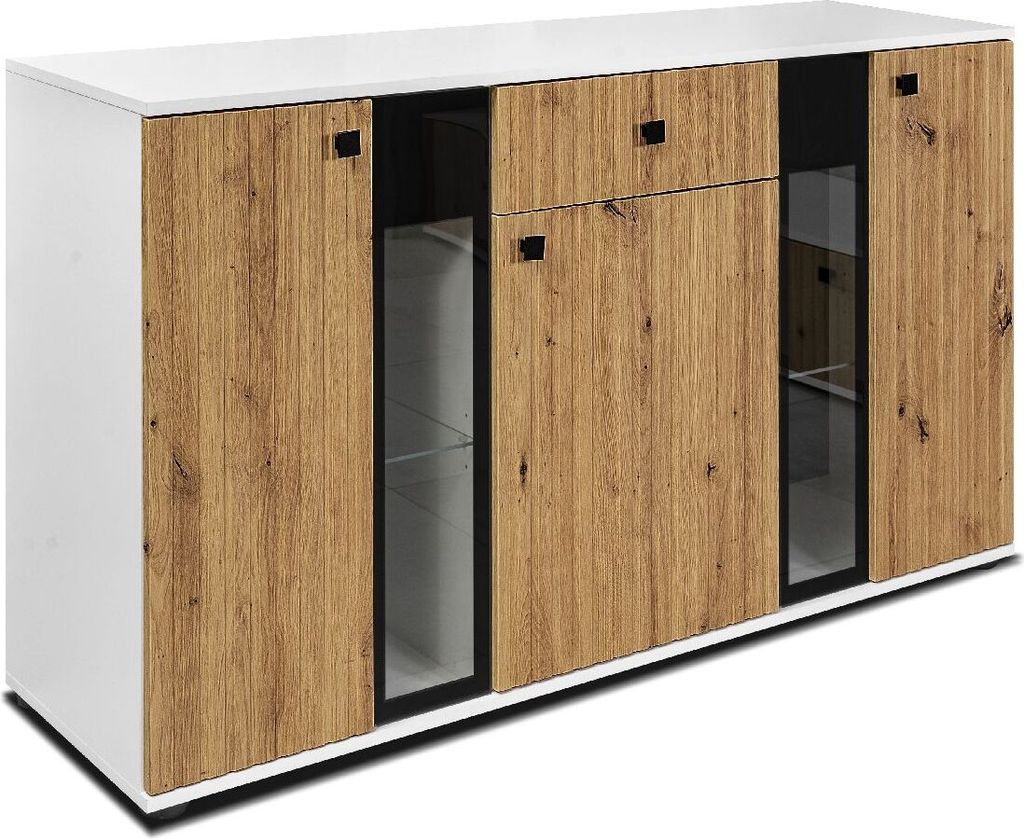 Kommode SALSA MDF Front mit LAMELLEN-Fräsung Sideboard 140,4 cm mit Schubladen mit 3 Türen Highboard Schrank Wohnzimmer Artisan / Weiß