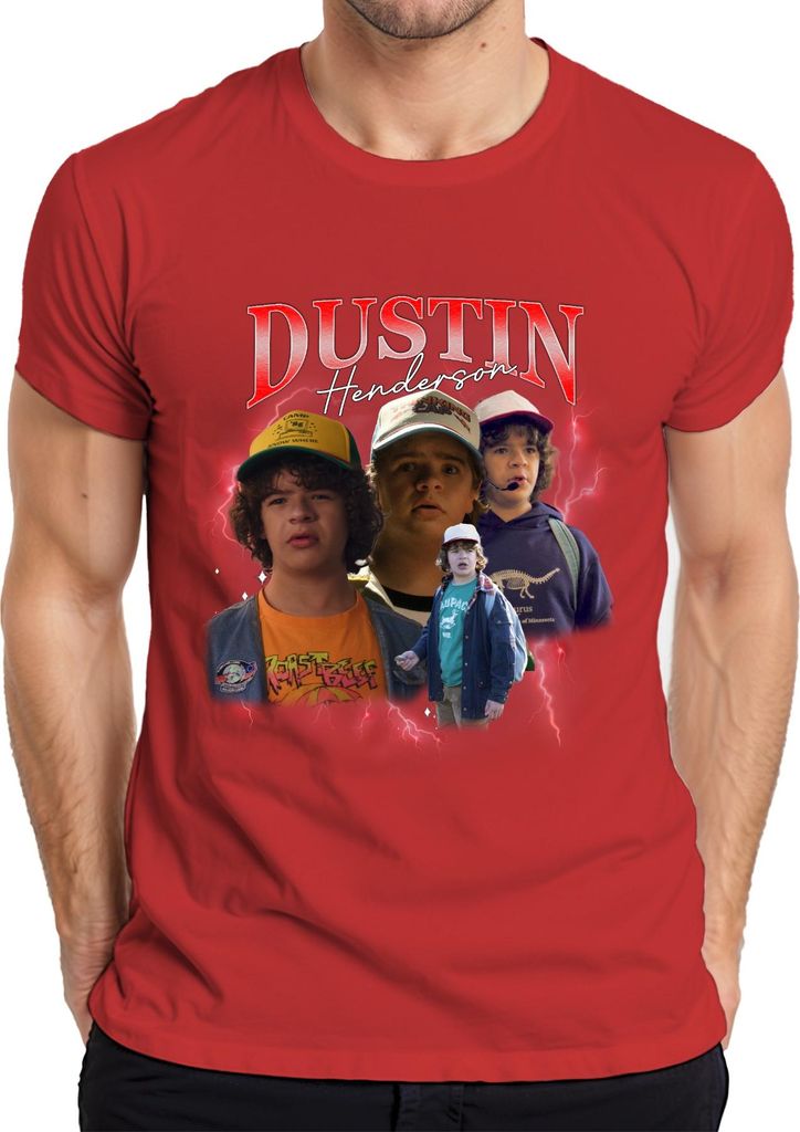 Dustin Henderson Stranger Fan Geschenk Retro 80er Vintage Hawkins Herren T-Shirt, Rot, 3XL