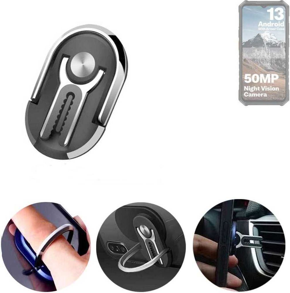 K-S-Trade 3in1 Smartphone-Ring Handy-Ring kompatibel mit Ulefone Armor X13 Fingerhalterung Handyring Tischständer Lüftungsgitter-Halterung Tisch