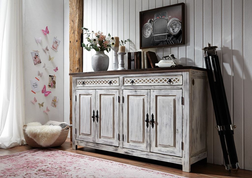 MASSIVMOEBEL24 Sideboard Mango / Akazie 150x45x90 weiß gewachst CASTLE-ANTIK #261