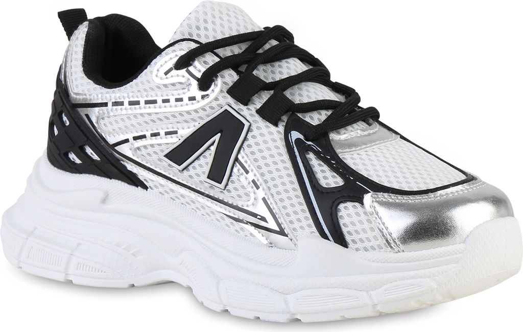 VAN HILL Damen Plateau Sneaker Schnürer Metallic Profil-Sohle Schuhe 841567, Farbe: Silber, Größe: 37
