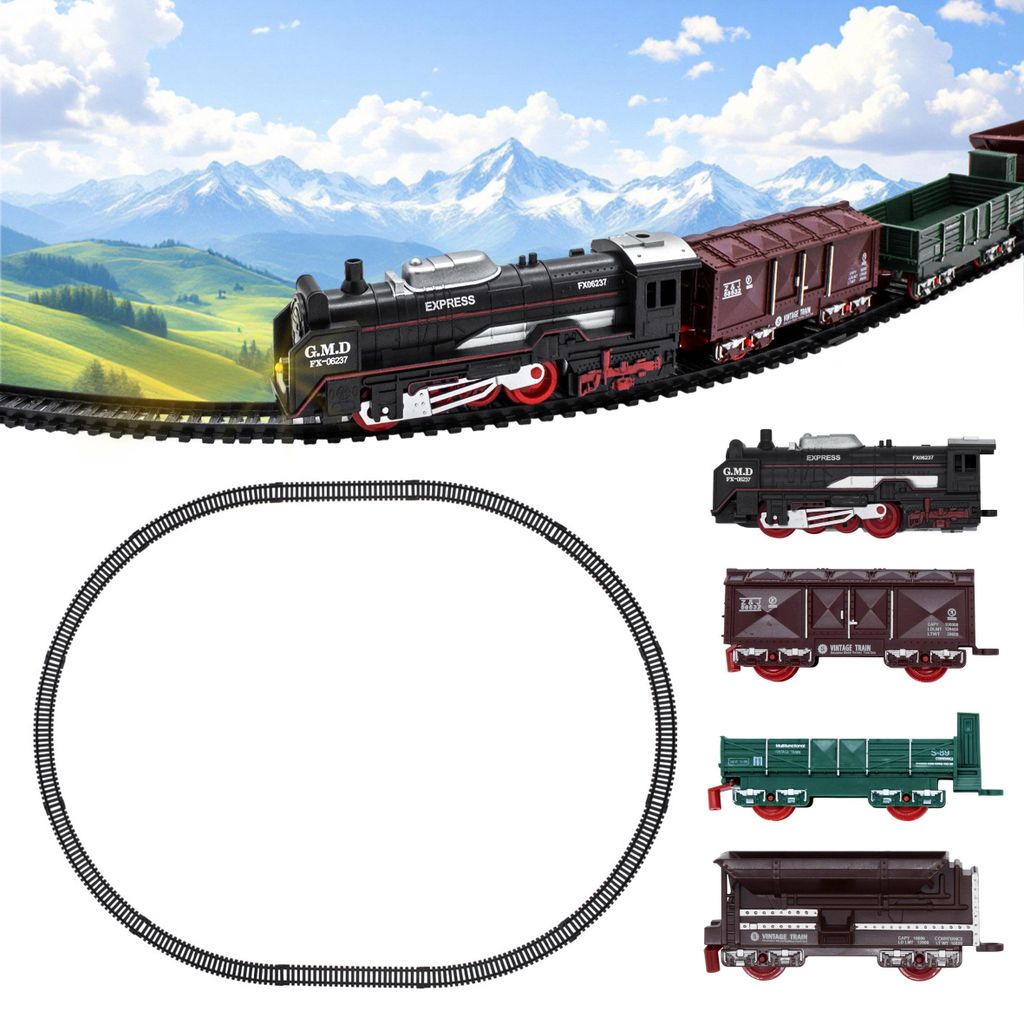 A toy train set with multiple cars and tracks, set against a backdrop of mountains and rolling hills.