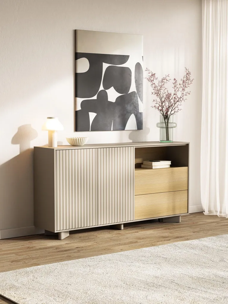 Buffet Gris Cachemire 156 cm Distria avec Façade Rainurée Style Chêne