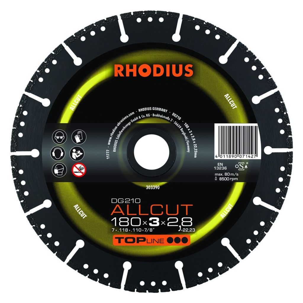 Rhodius Diamanttrennscheibe DG 210 Allcut 180x3,0x2,8x22,23mm Stein Braintools - 303390