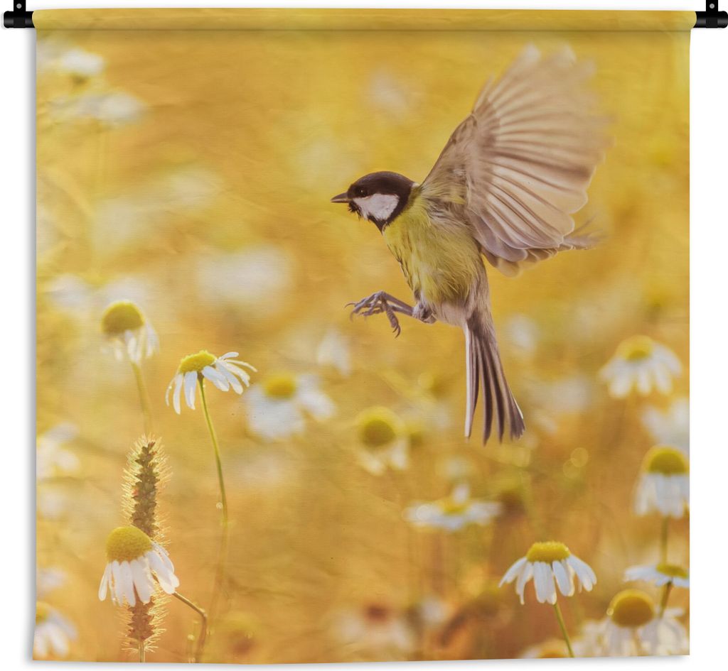 MuchoWow Wandteppich Wandbehang Vogel - Kohlmeise - Blumen - Gänseblümchen 90x90 cm Tapisserie Dekoration Wandtuch - Wandaufhänger