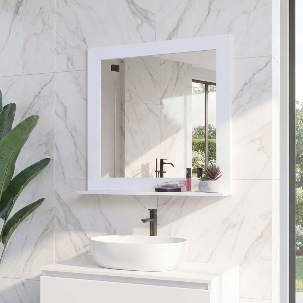 A bathroom scene with a mirror, sink, and faucet.