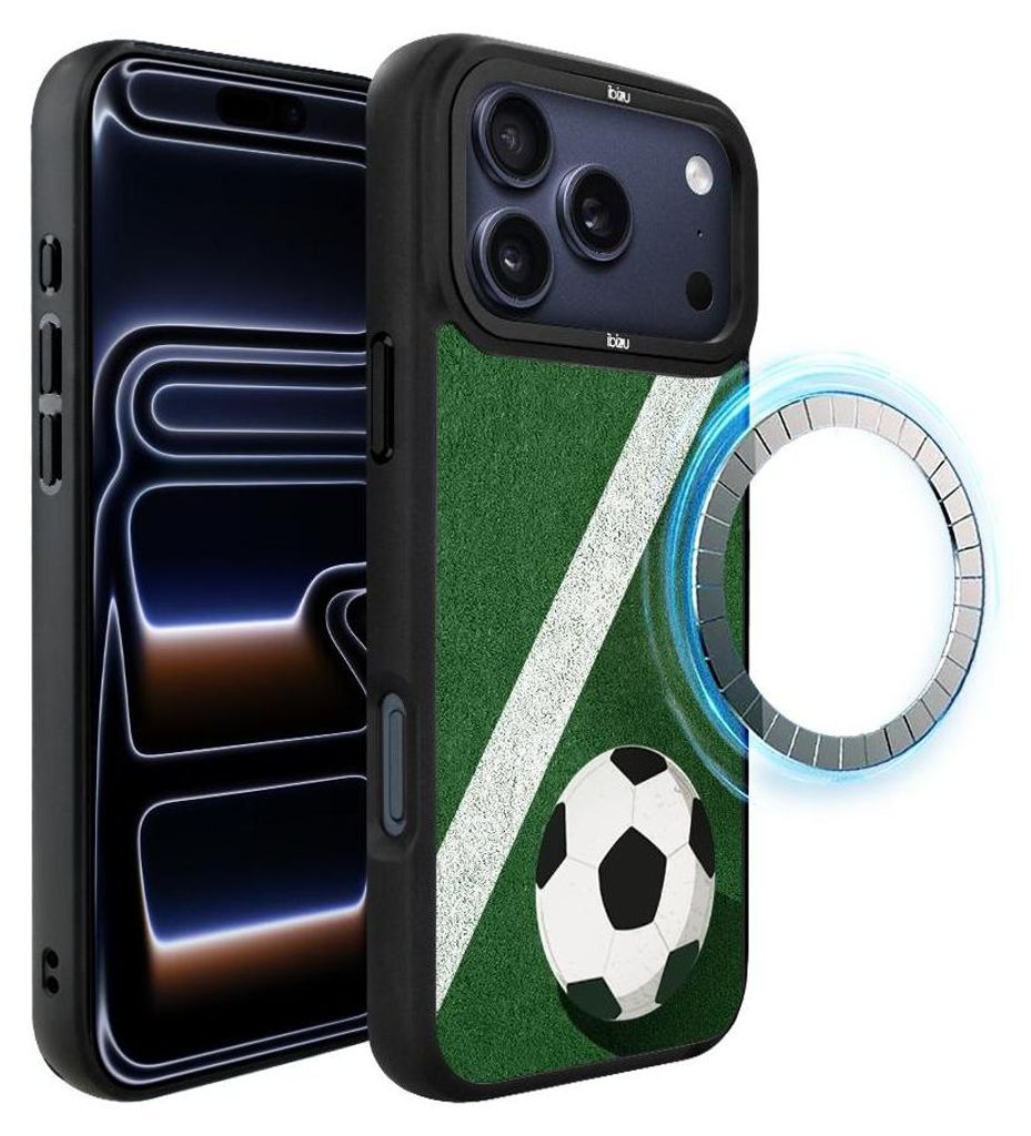 Schutzhülle für das iPhone 17 Pro, MagSafe-kompatibel, mattschwarze Seiten, Fußball, Spielfeld