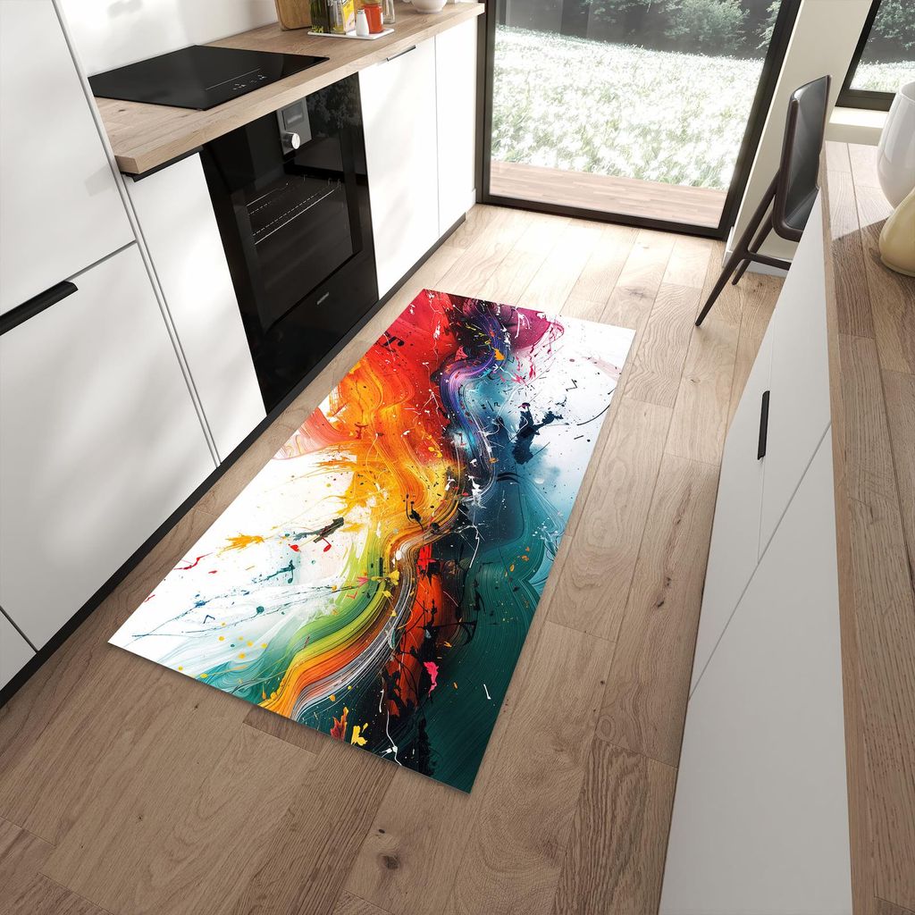 Küchenteppich 90x180cm rutschfest & abwischbar PVC Läufer - Farbenexplosion
