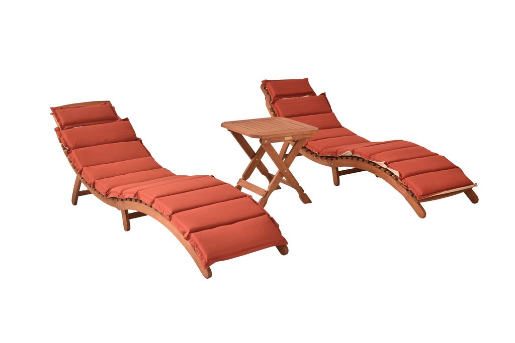 Merxx Gartenliegen Set Ipanema 5tlg., 2 Liegen, 2 Wendeauflage rot/beige, Klapphocker 50 x 50 cm - Eukalyptus