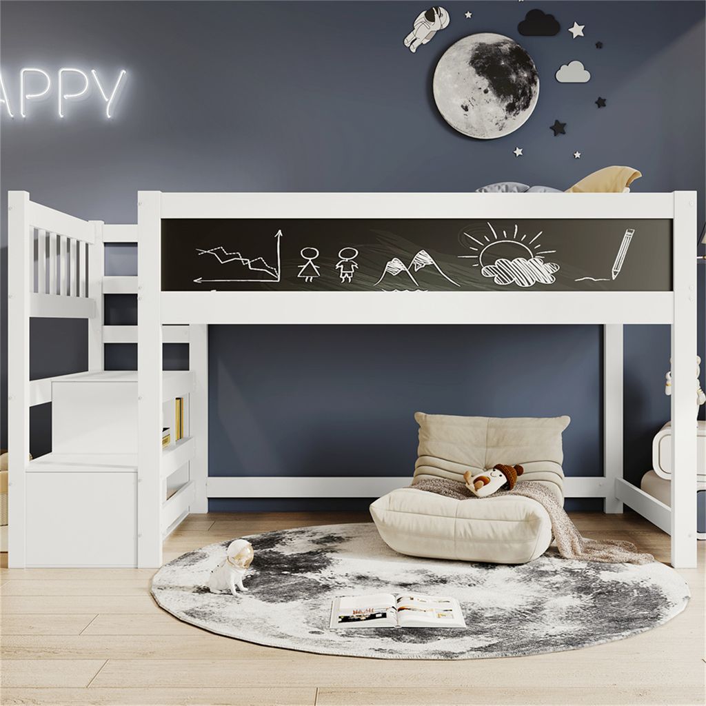 Etagenbett Kinderbett Hochbett mit Whiteboard&Tafel,Speicherung und Rausfallschutz 90 x 200 cm, Weiss Hochbett für Kinder– Lattenrost