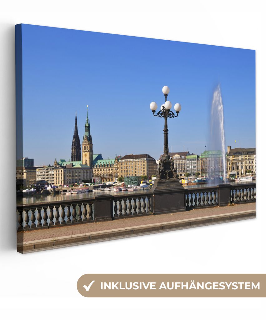 OneMillionCanvasses - Leinwandbilder - 140x90 cm, Rathaus - Hamburg - Springbrunnen, Wandbilder Kunstdruck Wanddekoration - Foto auf Leinwand - G...