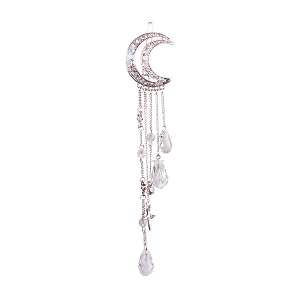 Retro Mond Strass Quaste Perlen baumeln Haarnadel Haarspange Frauen Brautschmuck-Silber
