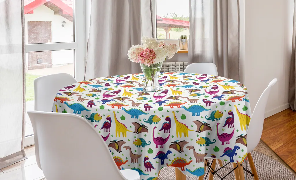 ABAKUHAUS Tovaglia rotonda per asilo, dinosauri colorati e divertenti, tovaglia circolare per decorare la sala da pranzo e la cucina, 150 cm, bianca e multicolore