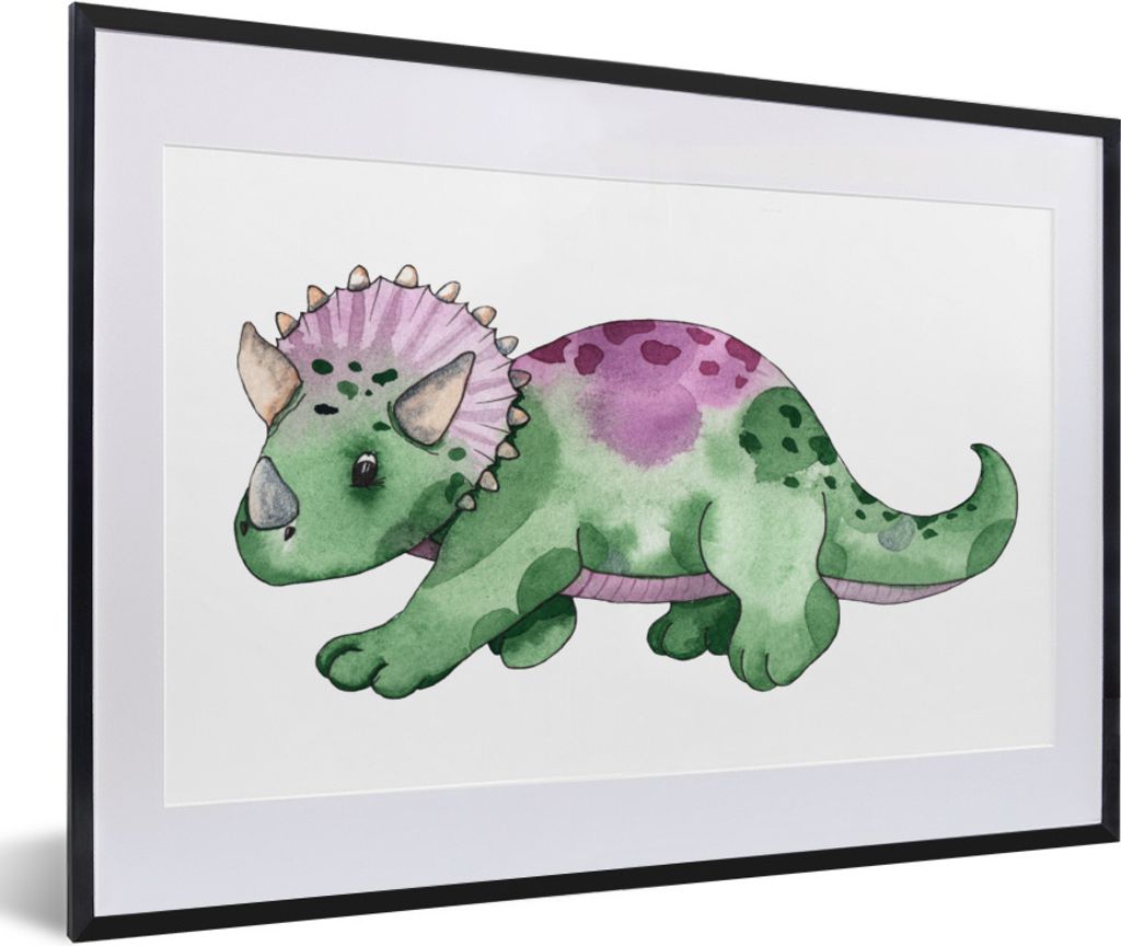 MuchoWow Gerahmtes Poster Dinosaurier - Kinderzimmer - Grün - Jungen - Mädchen - Kinder 60x40 cm - Poster mit Schwarzem Bilderrahmen Wandposter...