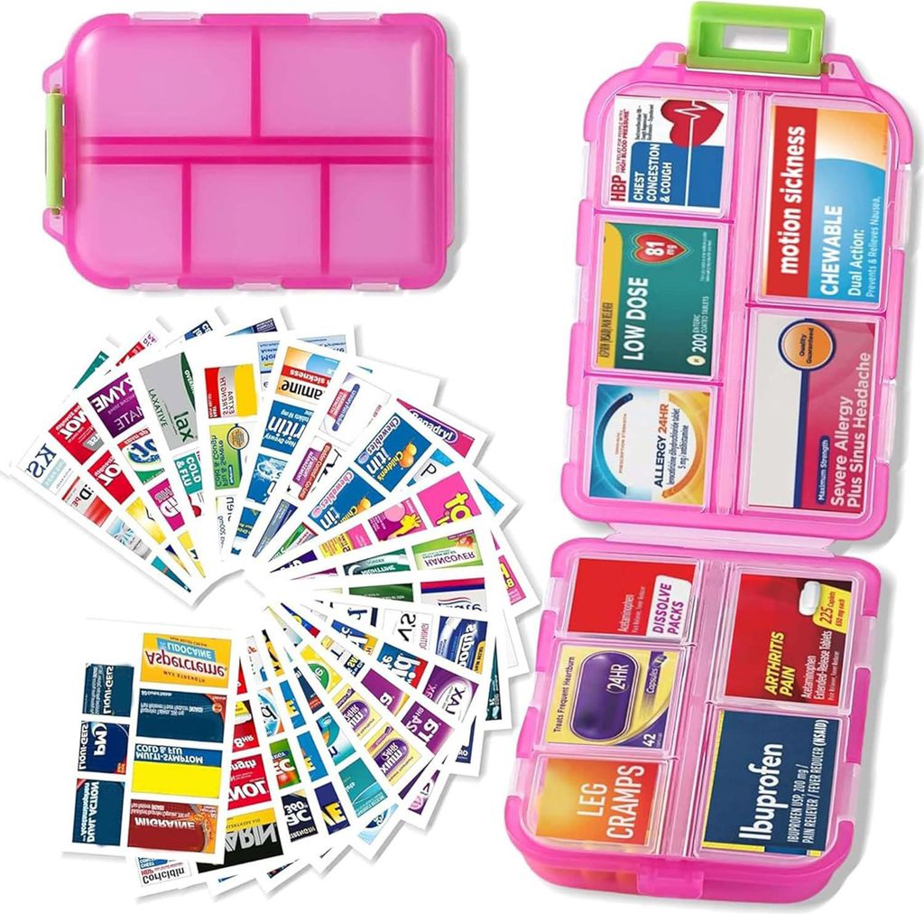 Pillenorganizer-Set mit 147 Etiketten, wasserdicht und staubdicht, mehrere Fächer, tragbare Tablettenaufbewahrungsbox für Reisen, tägliche Medik...