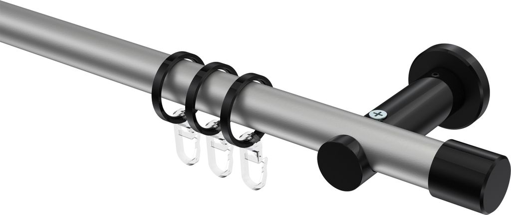 Interdeco Gardinenstange / Vorhangstange Silbergrau / Schwarz, Typ Platon Santo (Kappe), 20 mm Ø 1-läufig, 180 cm