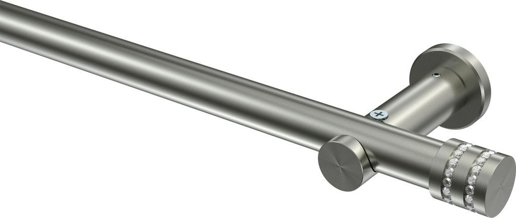 Interdeco Gardinenstange / Vorhangstange Edelstahl-Optik, Typ Platon Estana (Glitzerkappe) ohne Ringe, 20 mm Ø 1-läufig, 320 cm
