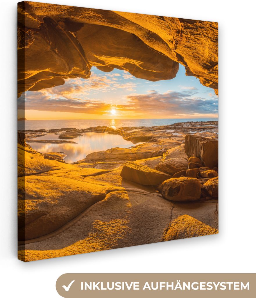 MuchoWow - Leinwandbilder - Höhle - Meer - Horizont - Sonnenuntergang, Wandbild, Wanddeko Bilder Wohnzimmer, 90x90 cm