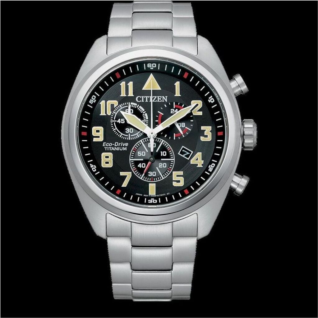 A close-up studio shot of a Citizen Eco-Drive Super-Titanium Chronograph men's watch against a black background.