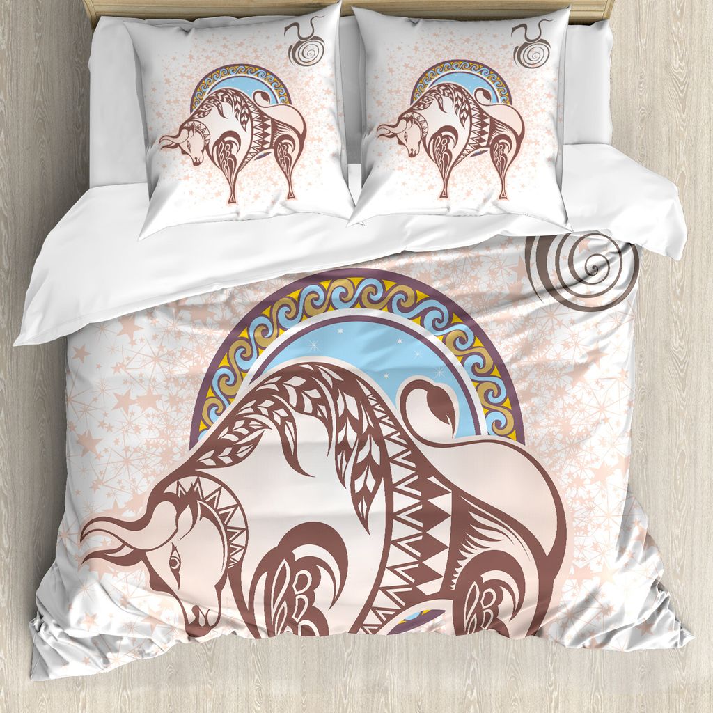ABAKUHAUS Tierkreis Bettbezug, Taurus Astrologie, Milbensicher Allergiker geeignet mit Kissenbezügen, 155 cm x 220 cm - 80 x 80 cm, braun Beige