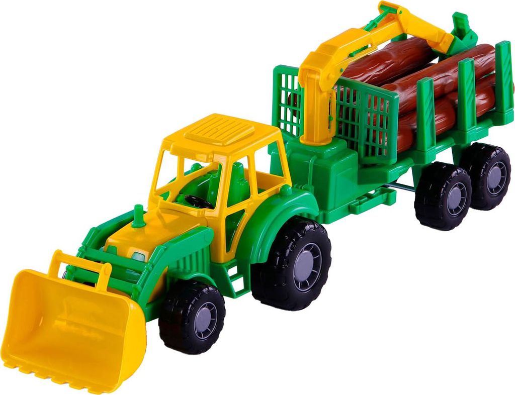 Junior Traktor Spielzeug mit Kran Anhänger und Holz 46cm Bauspaß