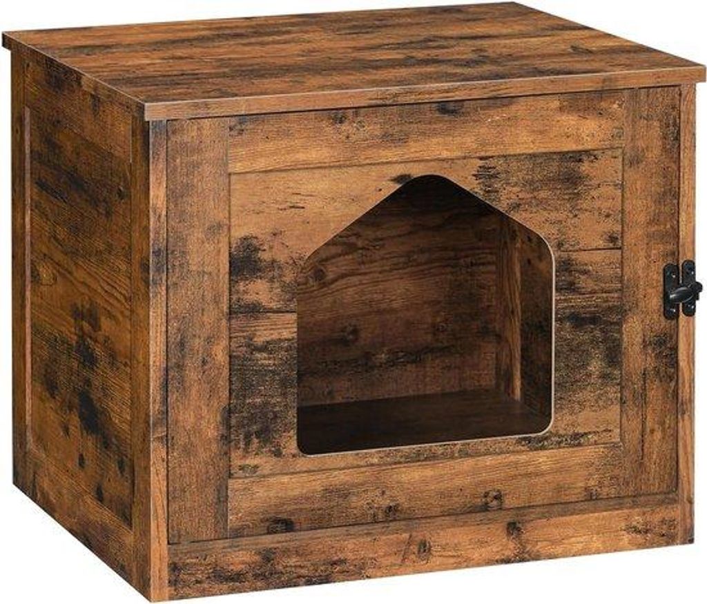Katzenhaus mit Tür und verstecktem Tierkasten - industrielle Katzenhöhle - vergrößerte Katzenkloablage - Rustikales Braun - Wohnzimmer Schlafzi...