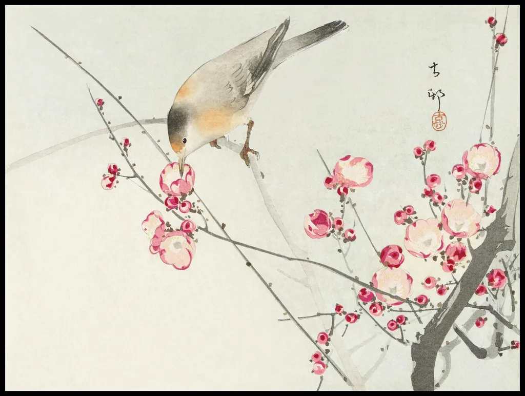 Poster mural 100x75 cm de style Japonais Vintage Oiseau et Fleurs