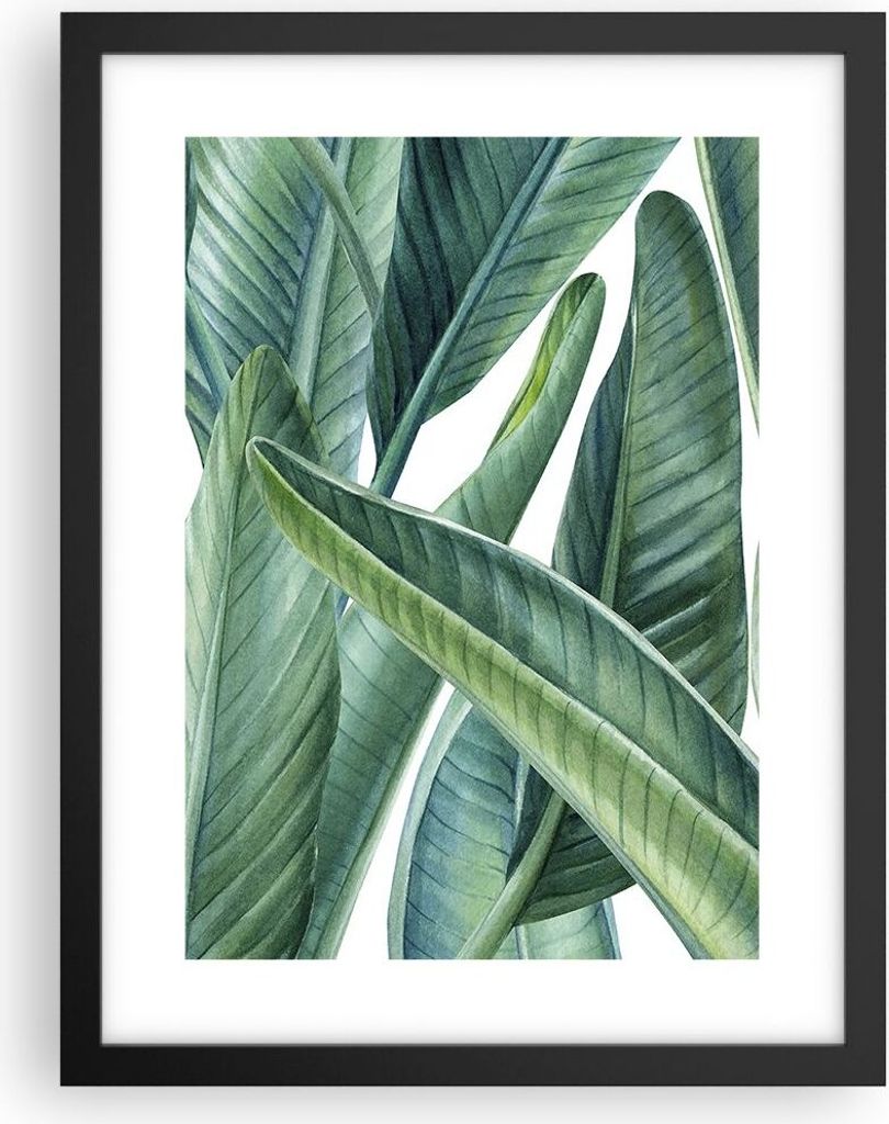Gerahmtes Poster - Schwarzer Rahmen - Exotisch Blätter Grün - 30x40 cm - Wand Bild - Wanddeko - Wandbilder - Kunstposter - Wandposter - Bilderrah...